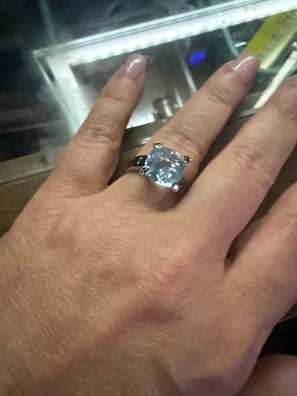White Gold Cushion-Cut Blue Topaz Gemstone Ring - Women's Jewelry - Picture 4 of 5